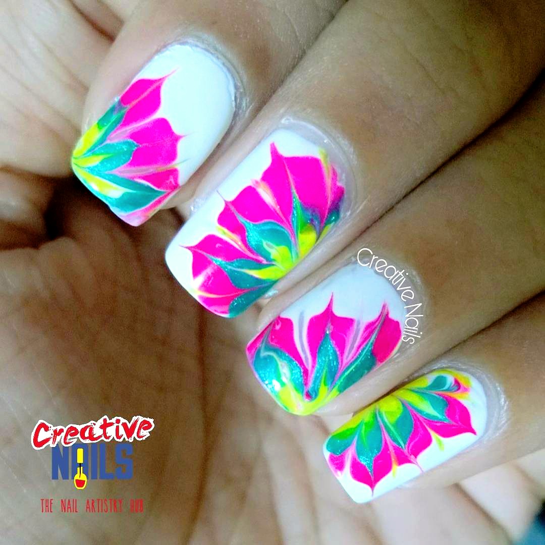 Neon Floral Drag Marble Nail Art