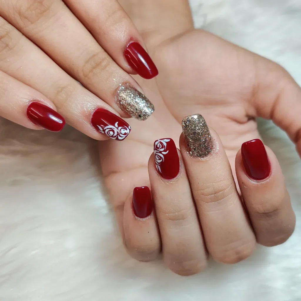Bridal red gel nails with taupe accent nail by Creative Nails, Vile Parle East Mumbai
