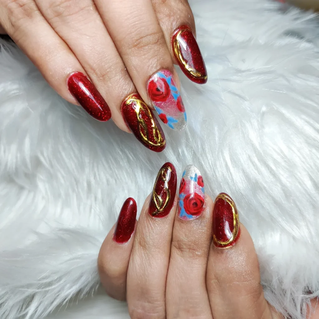 Dark wine nail extensions with gold chrome accent nail for brides, Creative Nails Mumbai